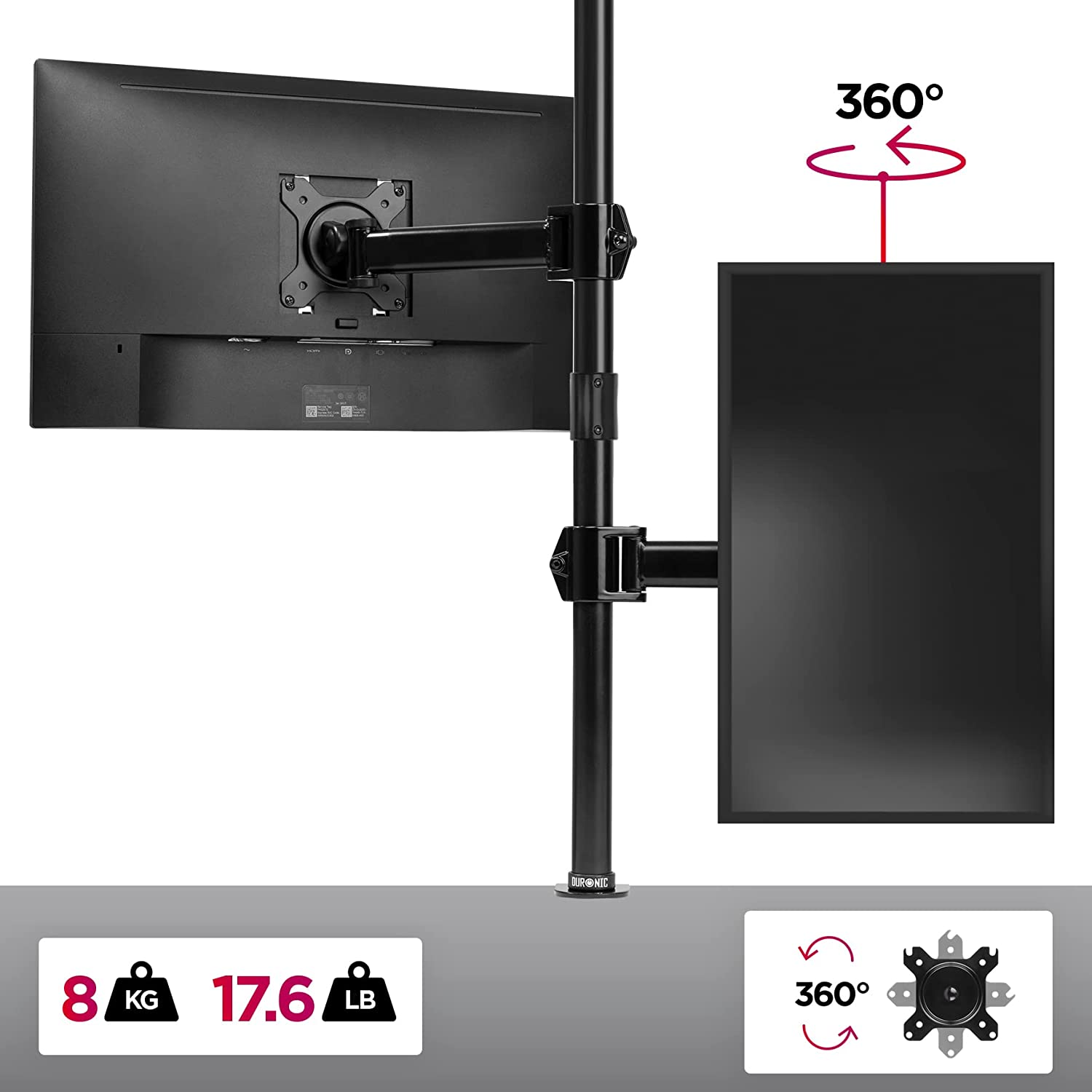 Dual-Monitor-Setup auf einem schwarzen Ständer. Ein Monitor ist um 360 Grad gedreht, mit Gewichtsangaben.