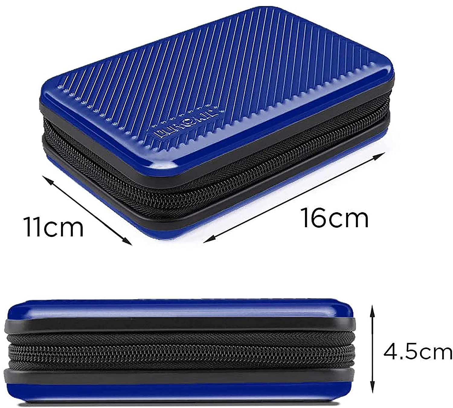 Blaues Etui mit Reißverschluss, Abmessungen beschriftet. Etui ist geschlossen.