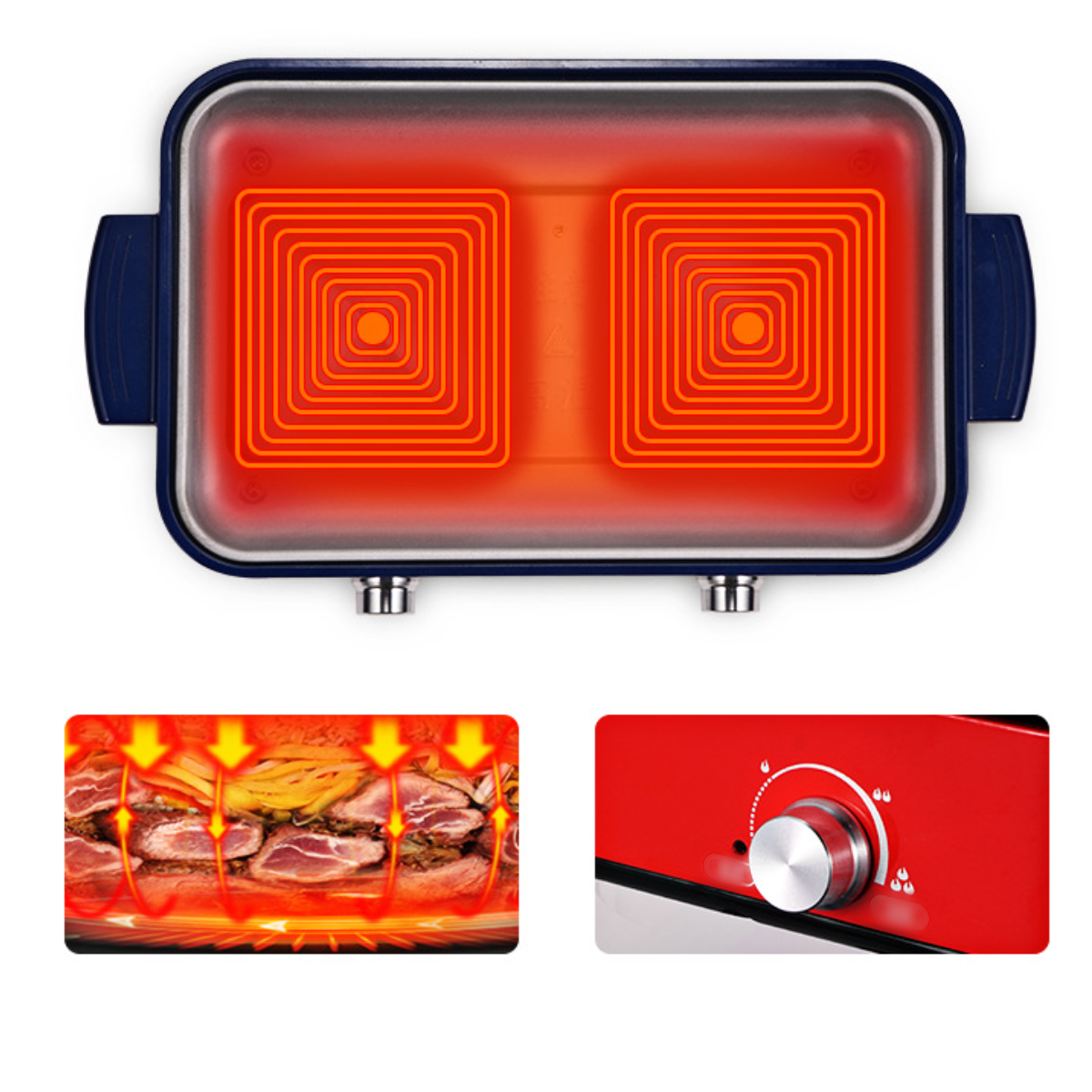 Elektrischer Grill mit roten Heizelementen. Nahaufnahme des Grills und eines Knopfes. Weißer Hintergrund.