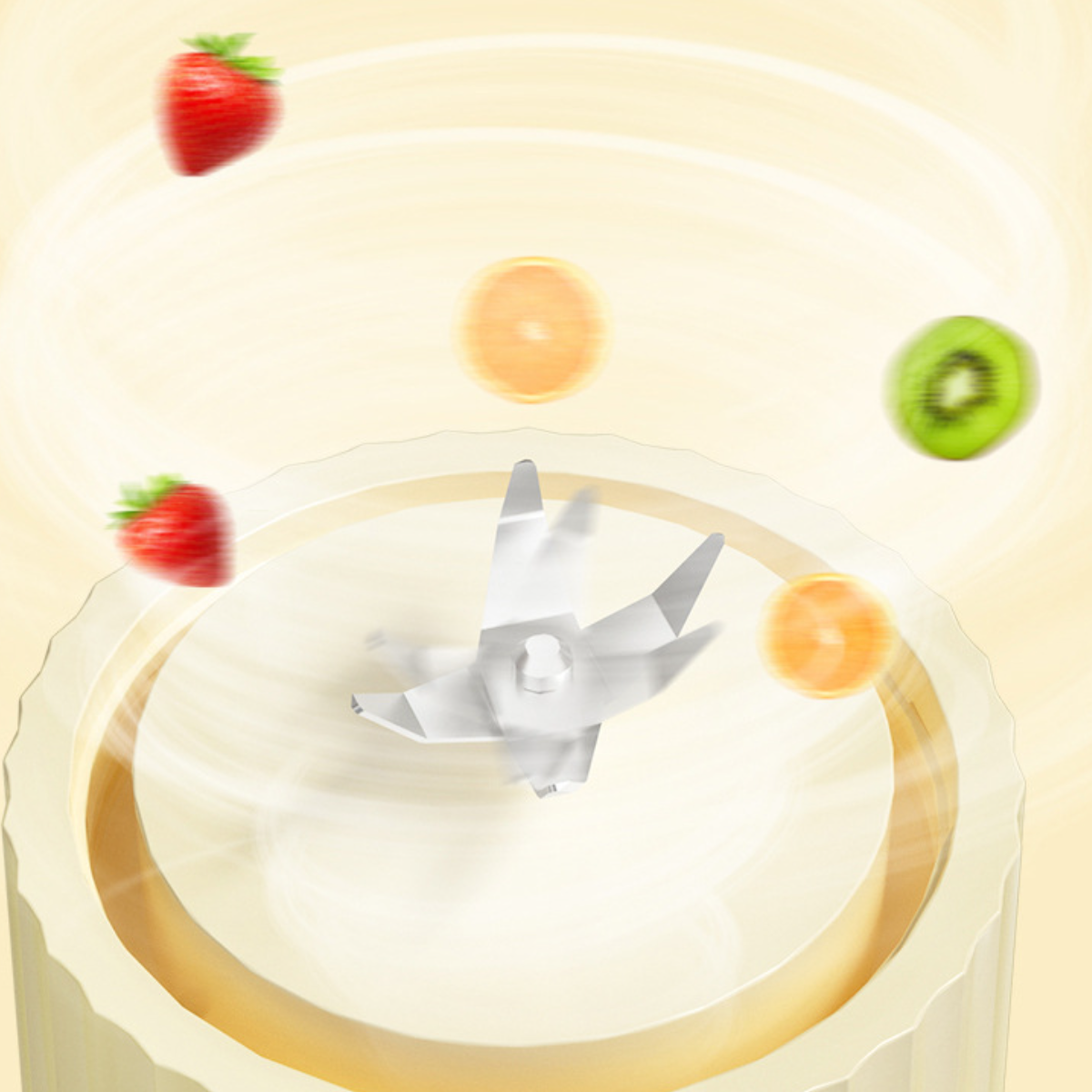 Ein Mixer mit Erdbeeren, Orangenscheiben und Kiwischeiben, die sich um ihn drehen.