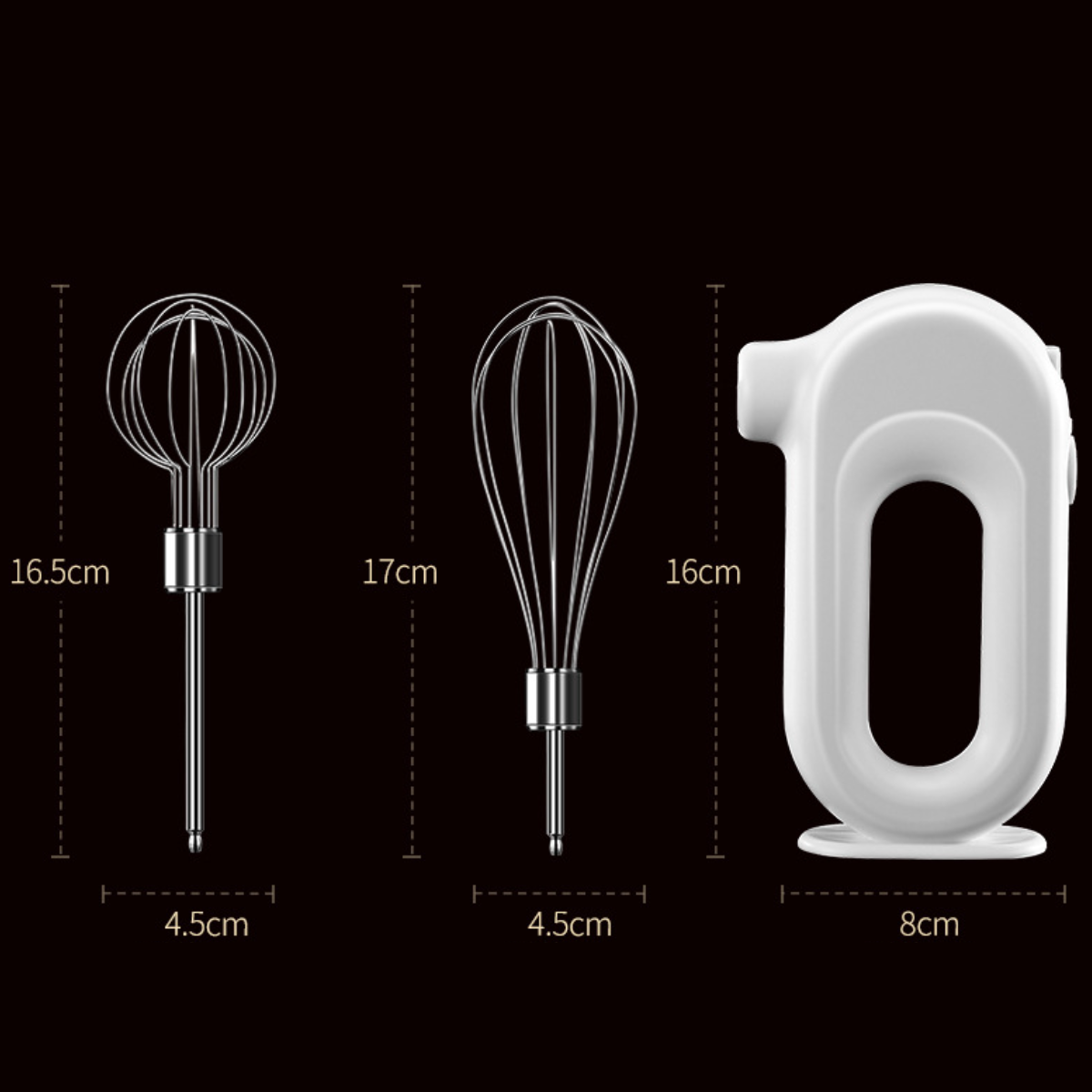 Drei weiße Mixeraufsätze mit Messungen: 16,5 cm, 17 cm und 16 cm. Messungen in cm angegeben.
