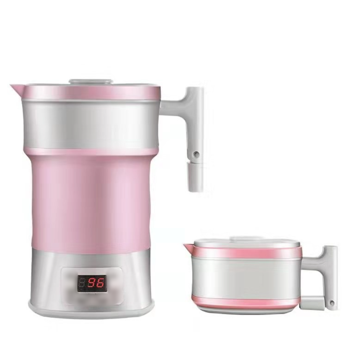 Ein rosa-silberner Wasserkocher, zusammengeklappt und ausgefahren.