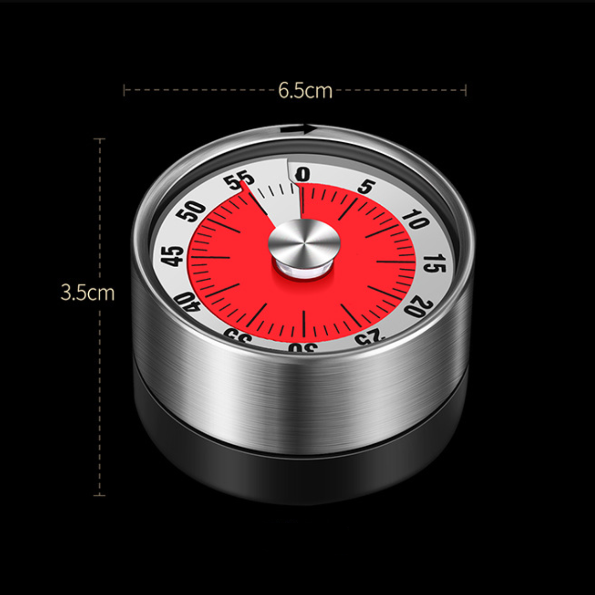 Silberner Timer mit rotem Zifferblatt, schwarzen Zahlen und weißen Markierungen. 6,5 cm breit, 3,5 cm hoch. Schwarzer Hintergrund.