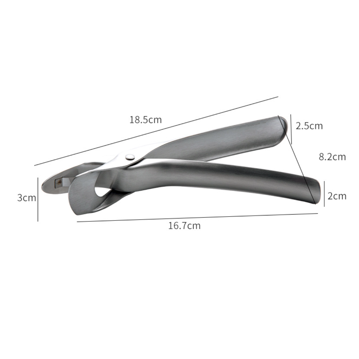 Metall-Dosenöffner, silberne Farbe. Abmessungen sind beschriftet. Weißer Hintergrund.