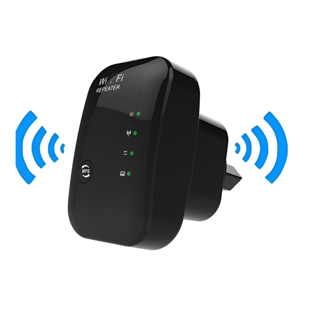 Schwarzer WLAN-Repeater mit Antennensymbolen. Zeigt grüne und blaue Lichtindikatoren.