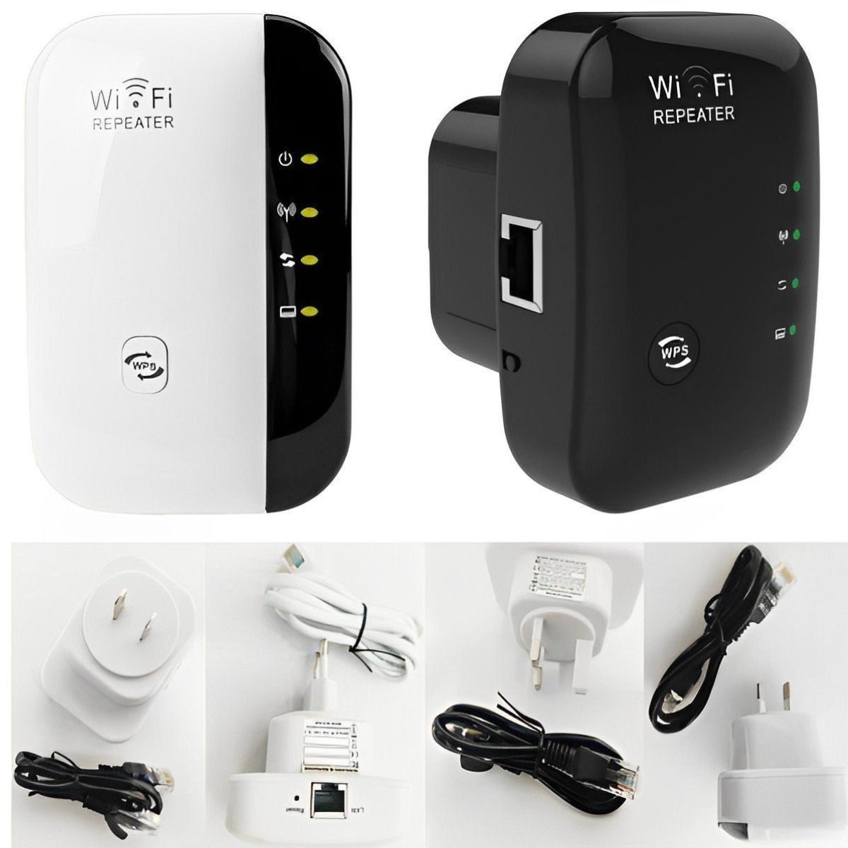 WLAN-Repeater, schwarz und weiß, mit verschiedenen Netzadaptern und Kabeln. Mehrere Ansichten werden gezeigt.