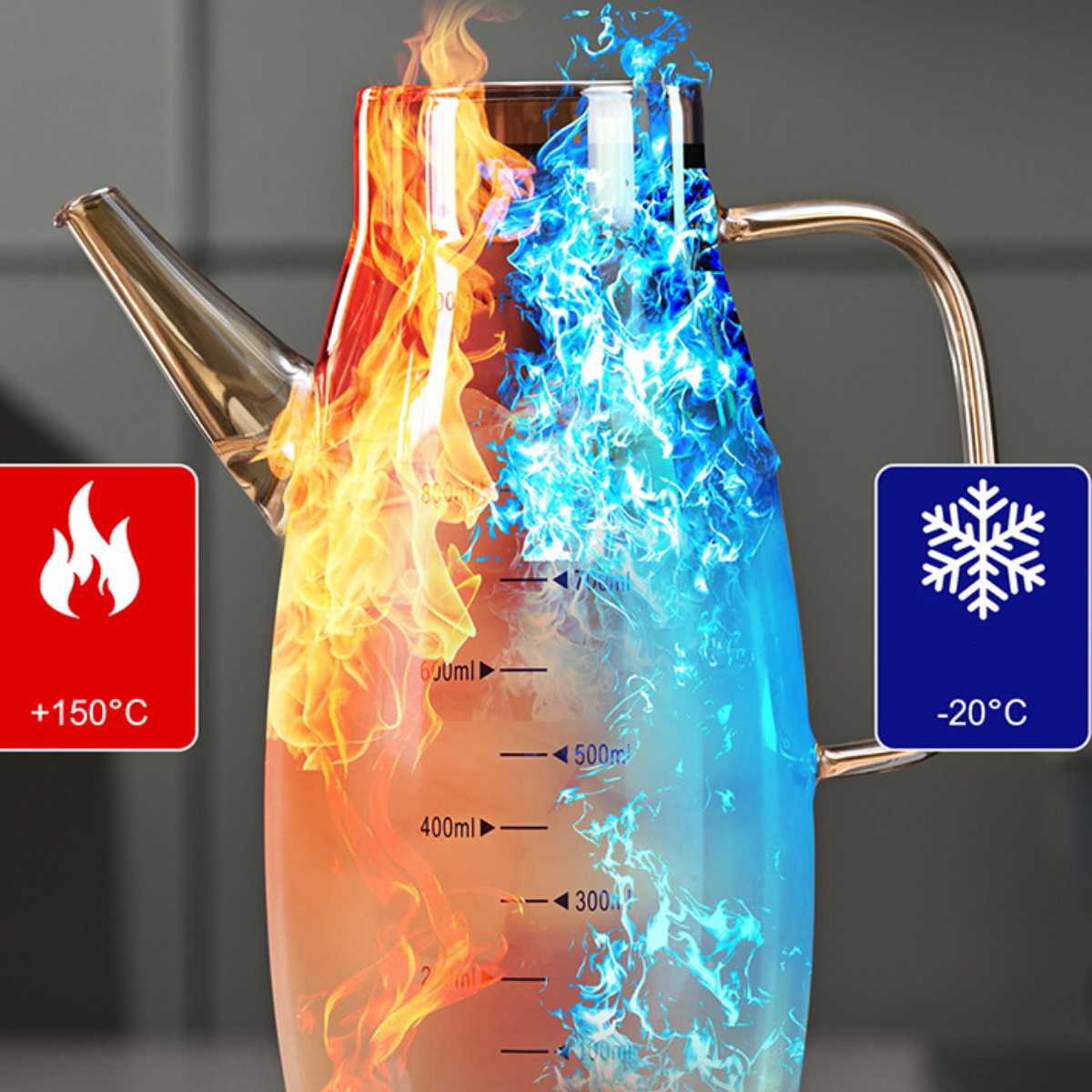 Glaskaraffe mit Heiß- und Kälteindikatoren. Rotes Feuersymbol +150°C, blaue Schneeflocke -20°C. Grauer Hintergrund.
