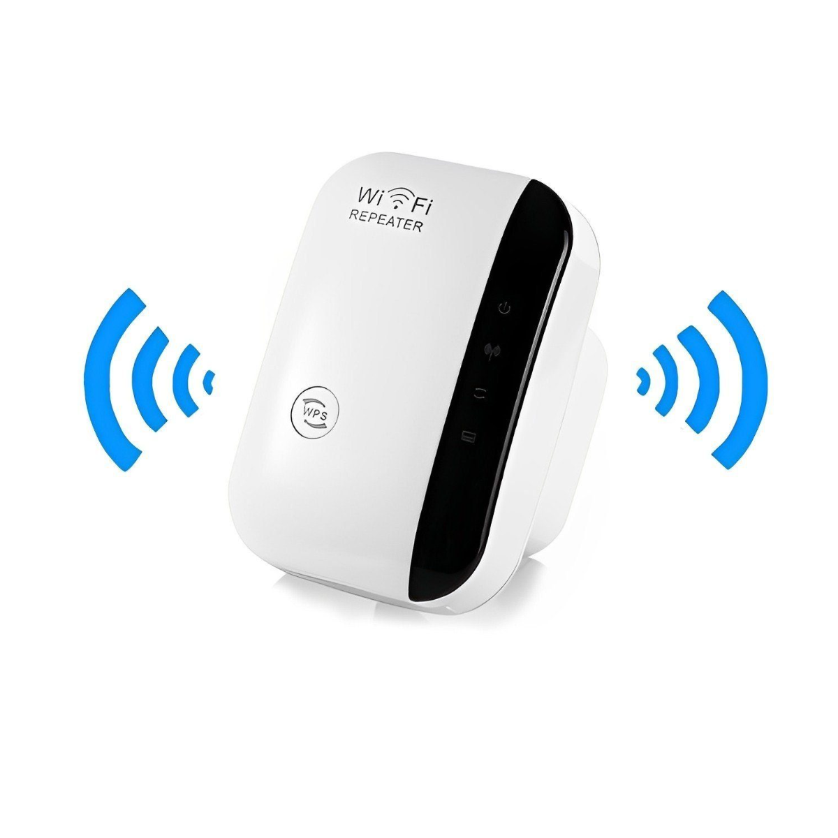 Ein weißer WLAN-Repeater mit blauen Signal-Symbolen auf beiden Seiten.