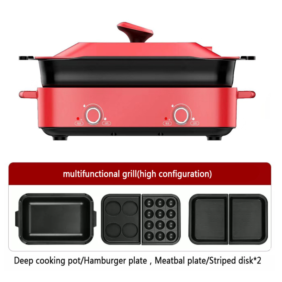Ein roter Grill mit schwarzem Oberteil und drei zusätzlichen Kochplatten.