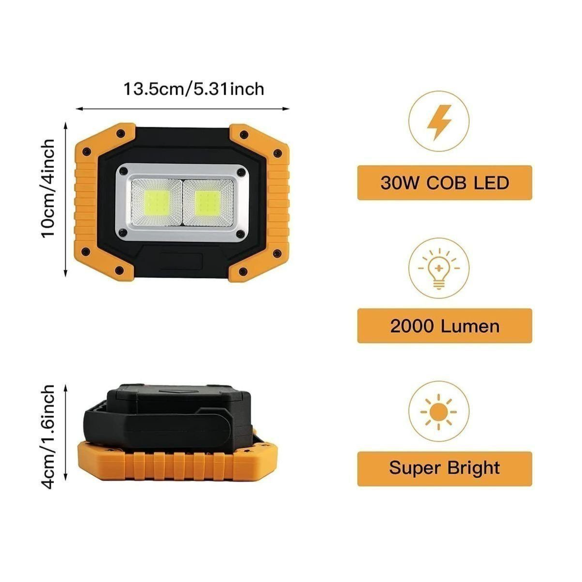 Orange-schwarze LED-Arbeitsleuchte. Abmessungen und Eigenschaften sind dargestellt. Text beinhaltet: 30W COB LED, 2000 Lumen, Super Hell.