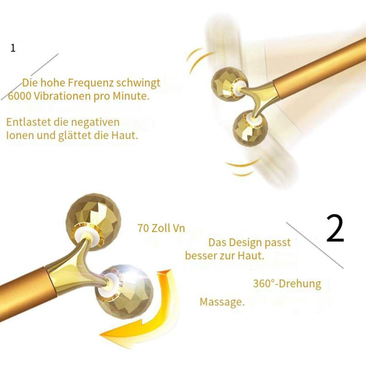 Ein goldener Gesichtsmassager mit zwei rotierenden Köpfen. Diagramme beschreiben seine Funktionen und Eigenschaften.
