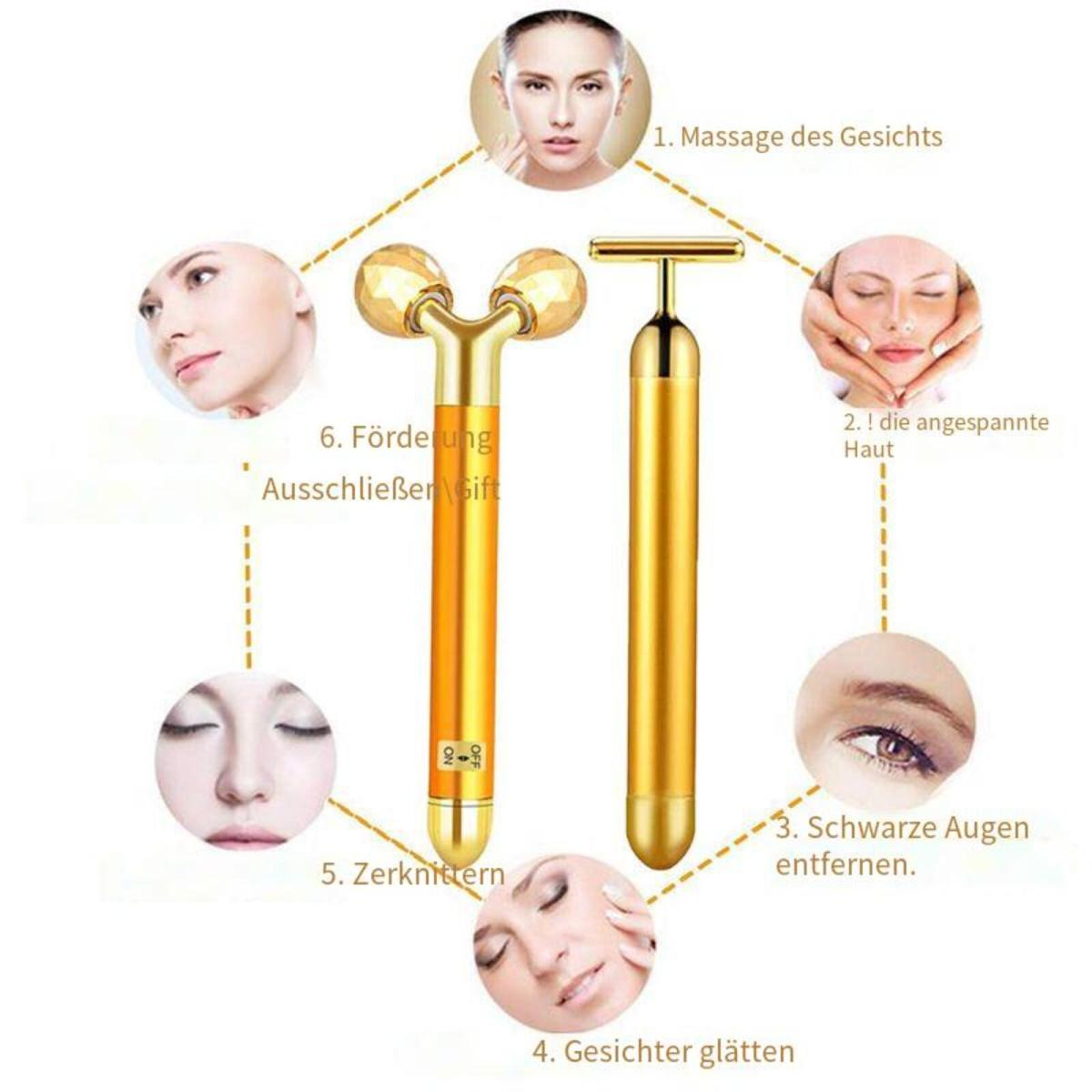 Zwei goldene Gesichtsmassagegeräte mit einer Abbildung von Gesichtsschritten, einschließlich Text auf Deutsch.