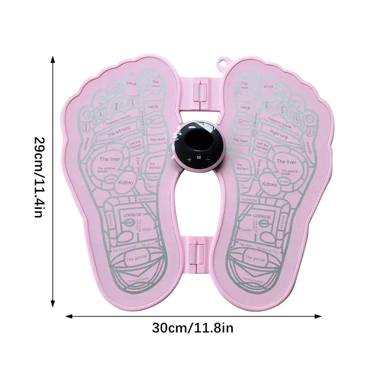 Eine rosa Fußmassage-Matte mit beschrifteten Druckpunkten. Sie zeigt die Größe der Matte: 29 cm/11,4 Zoll x 30 cm/11,8 Zoll.