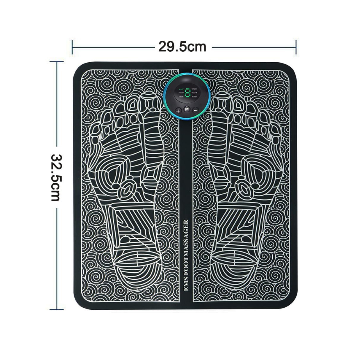 Fußmassagegerät mit Abmessungen: 29,5 cm x 32,5 cm, mit Fußumrissen.