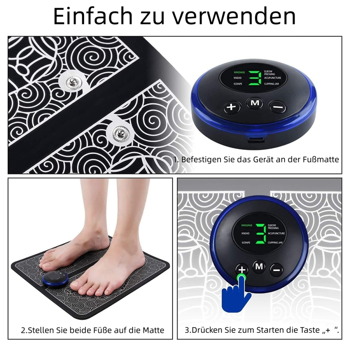 Diagramm zur Verwendung eines Fußmassagegeräts. Füße auf der Matte mit dem Bedienfeld, Schritt für Schritt.