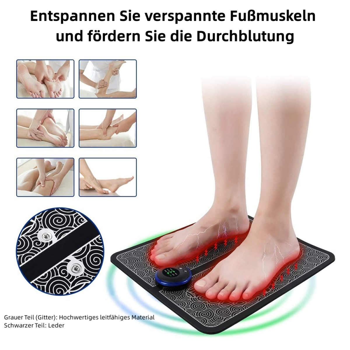 Füße einer Person auf einem Fußmassagegerät. Im oberen linken Bereich werden verschiedene Bilder der Fußmassage gezeigt.