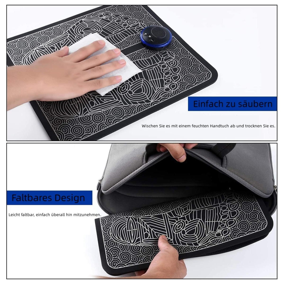 Ein EMS-Fußmassagegerät mit Reinigungsanleitung, gefaltet in einer grauen Laptoptasche gezeigt.