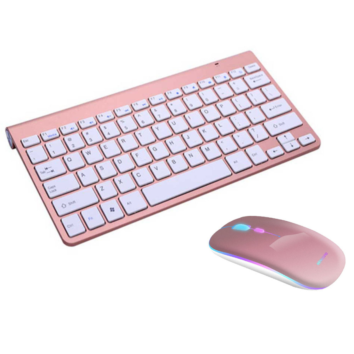 Eine roségoldfarbene kabellose Tastatur und Maus. Die Tastatur hat weiße Tasten und die Maus hat eine Farbverlaufsfarbe.