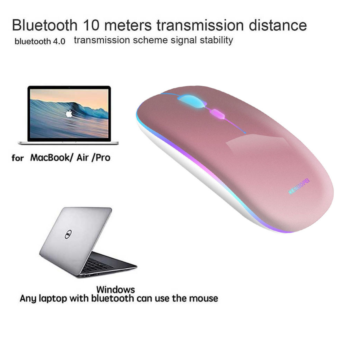 Rosa-weiße kabellose Maus mit Laptop und Smartphone daneben.