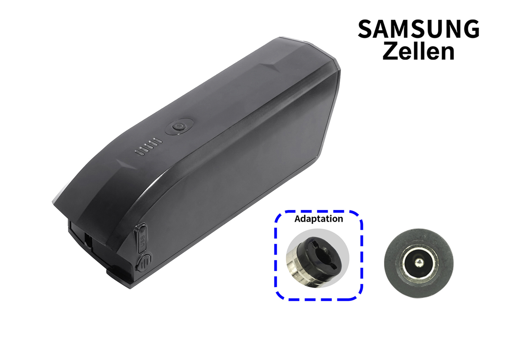 Schwarzer Akku mit einem grauen Anpassungsstück. Text lautet "SAMSUNG Zellen". Anpassung ist schwarz.