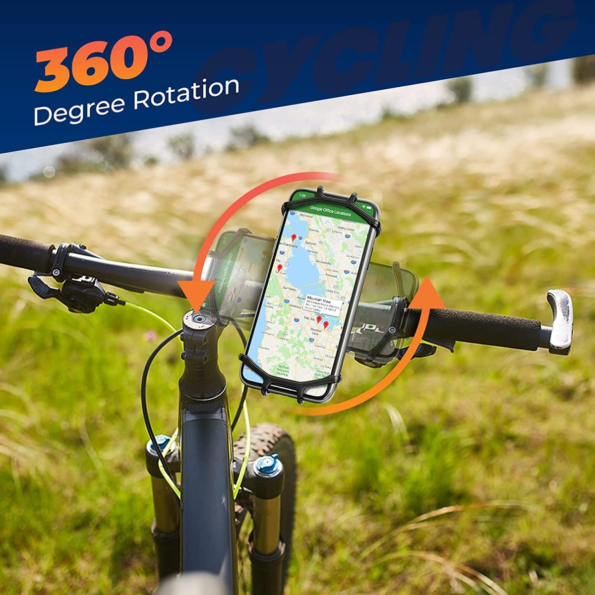Fahrradlenker mit Telefonhalterung, Karte wird angezeigt; Text zeigt 360° Drehung.
