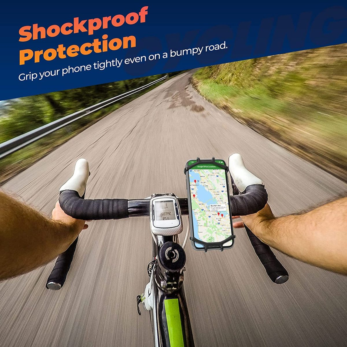 Perspektive eines Radfahrers mit Telefon am Lenker, das eine Karte anzeigt. Straße unscharf.