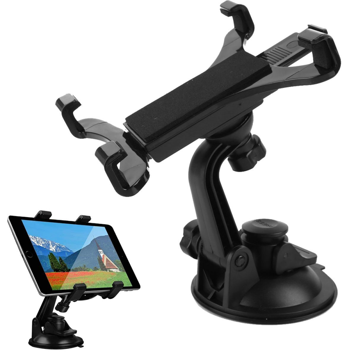 Ein schwarzer Tablethalter mit einem befestigten Tablet. Ein weiterer Halter und Tablet sind in der Ecke gezeigt.