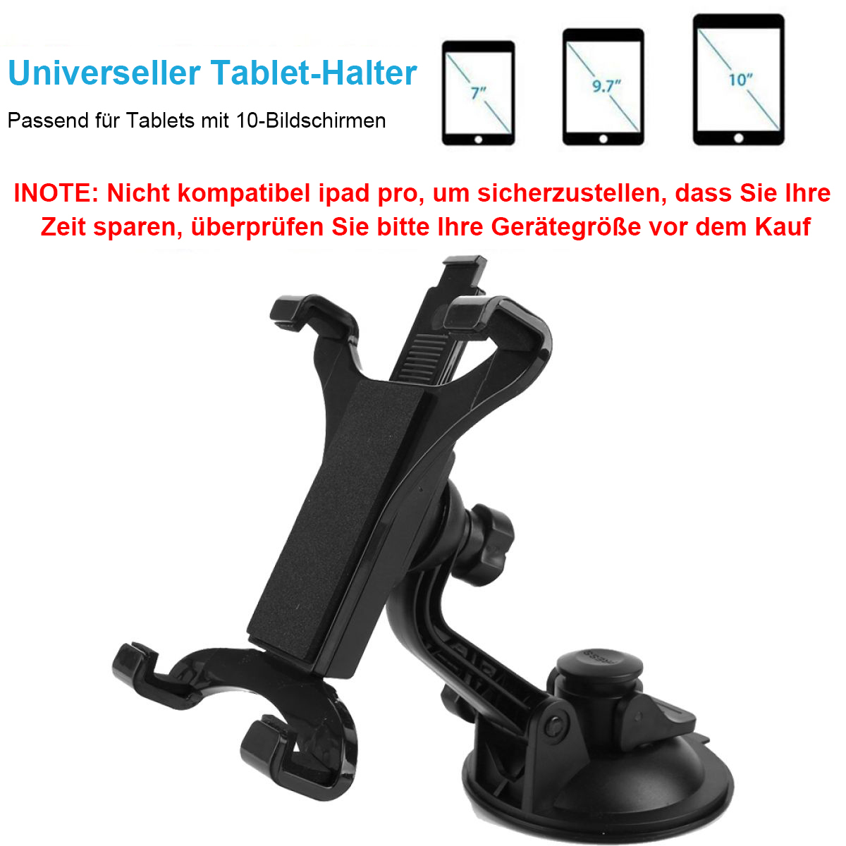 Ein schwarzer Tablethalter mit Saugnapfbasis. Text auf Deutsch. Weißer Hintergrund.