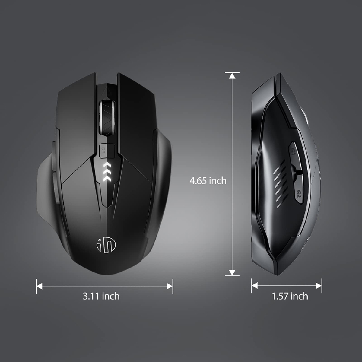 Schwarze Gaming-Maus mit Maßen. 3,11 Zoll breit, 4,65 Zoll lang, 1,57 Zoll hoch.