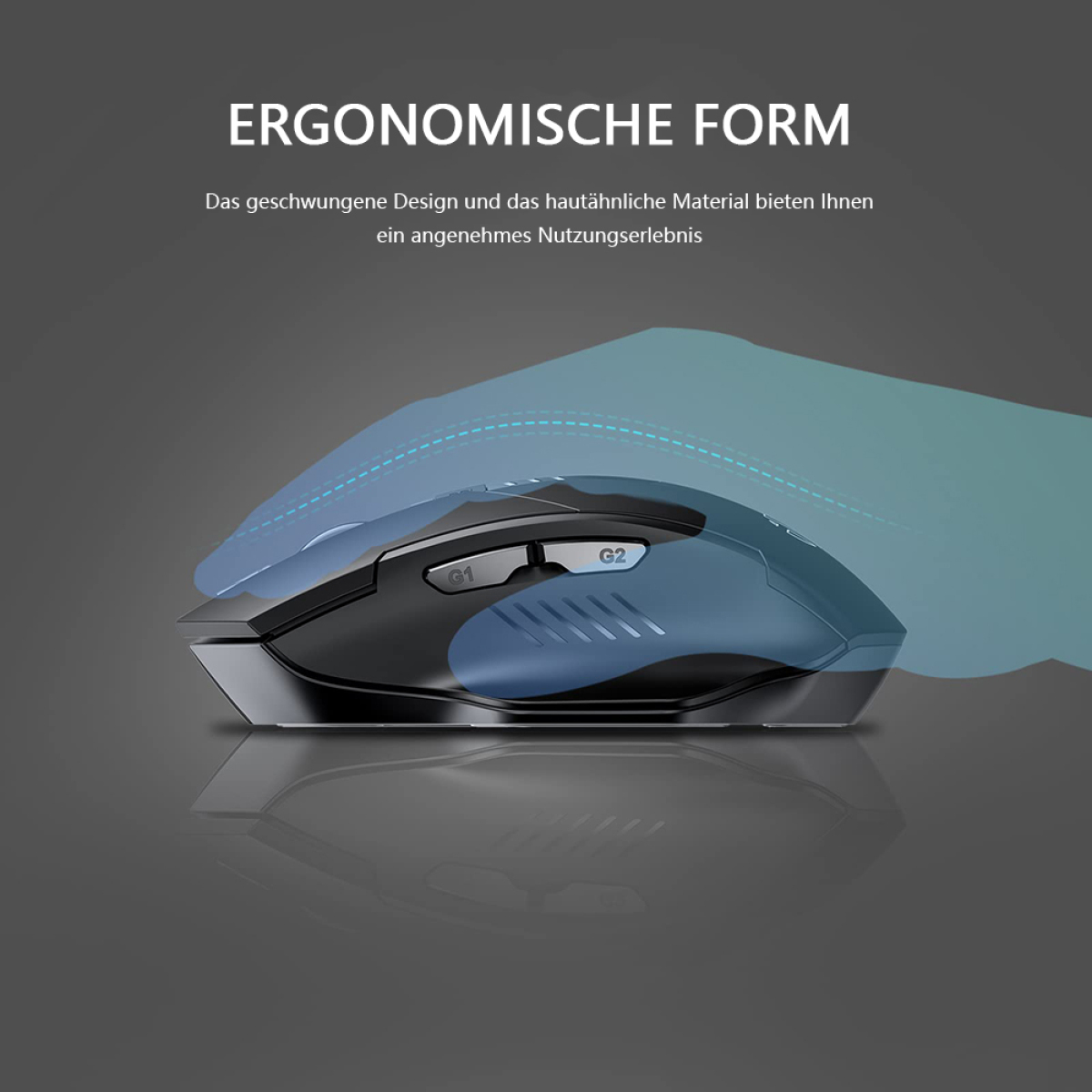 Schwarze Gaming-Maus, ergonomisch. Eine Hand liegt über der Maus, zeigt die Form.