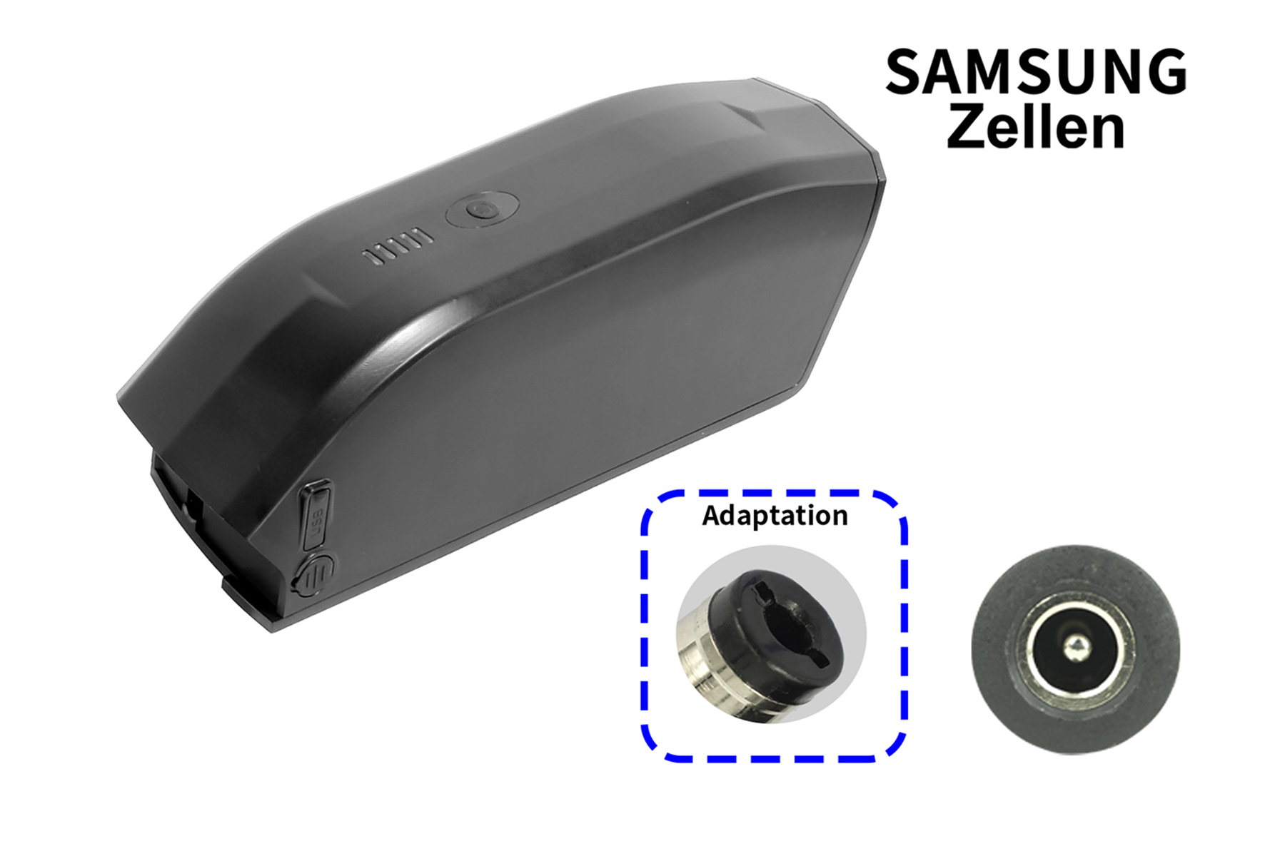 Schwarzer E-Bike-Akku mit 'SAMSUNG Zellen'-Etikett und Nahaufnahme von Adapter und Ladeanschluss.