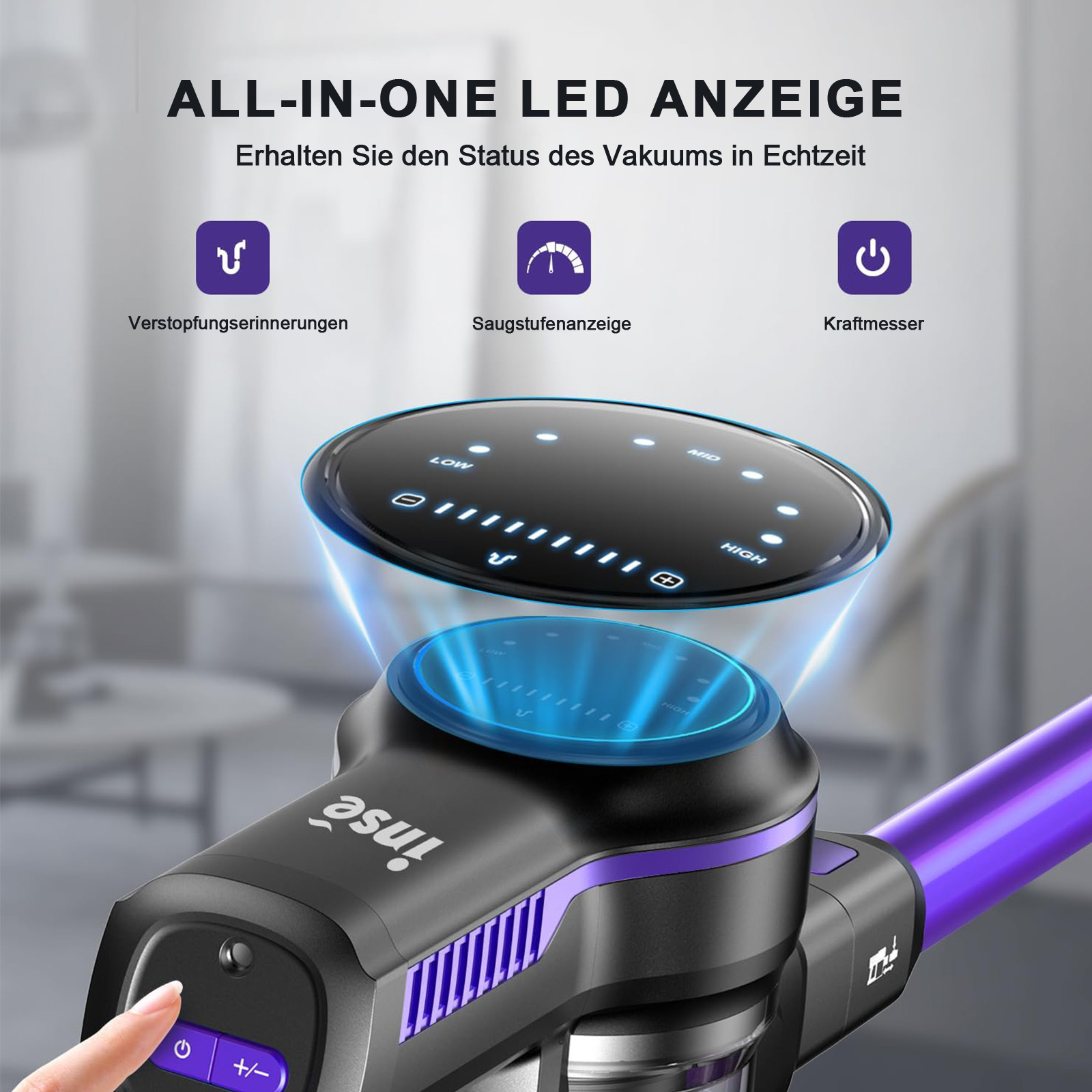 Schwarzer und lila Staubsauger mit LED-Anzeige, die Leistung und Blockierstatus anzeigt.