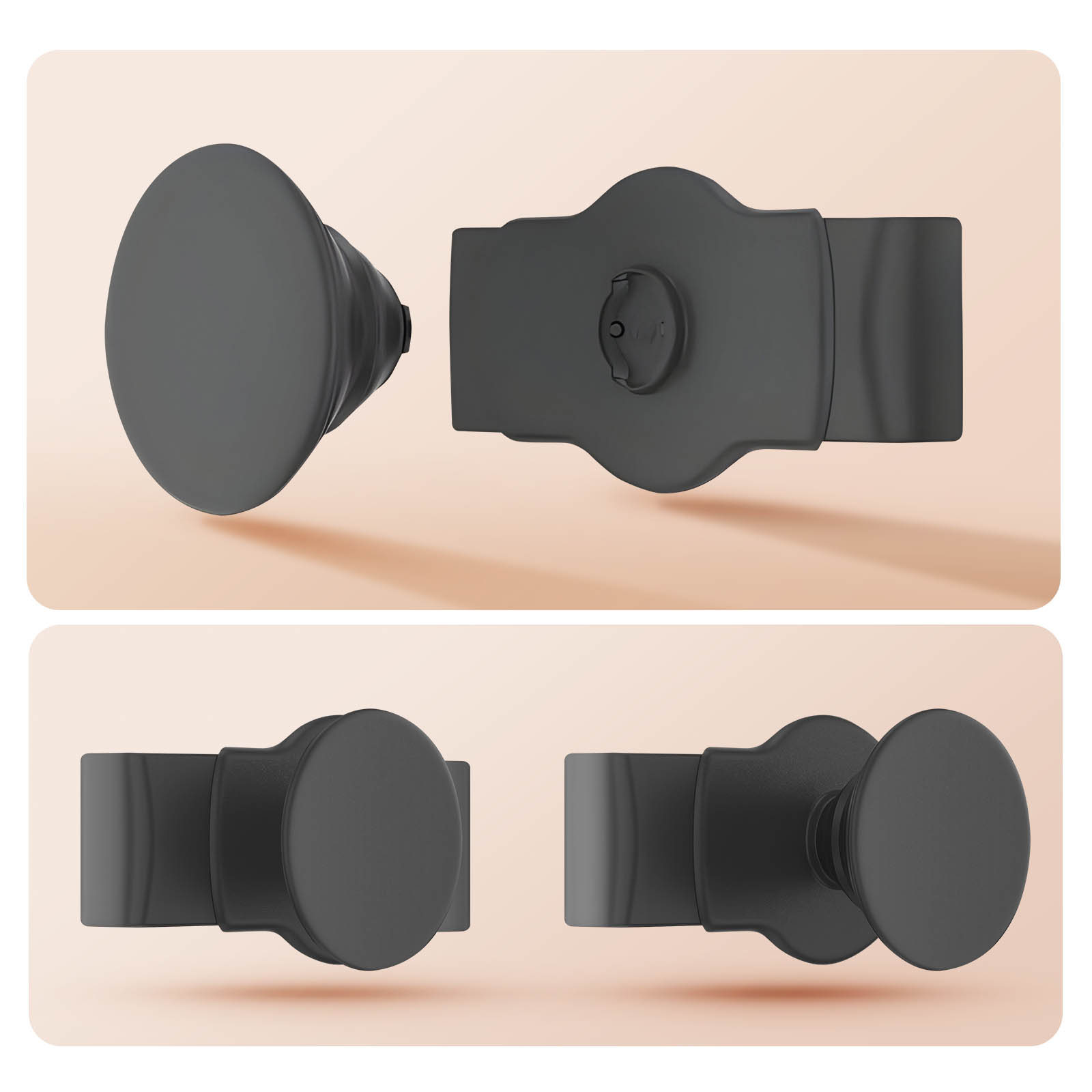 Quattro pop socket neri in studio. Due aperti, due chiusi, diverse angolazioni.