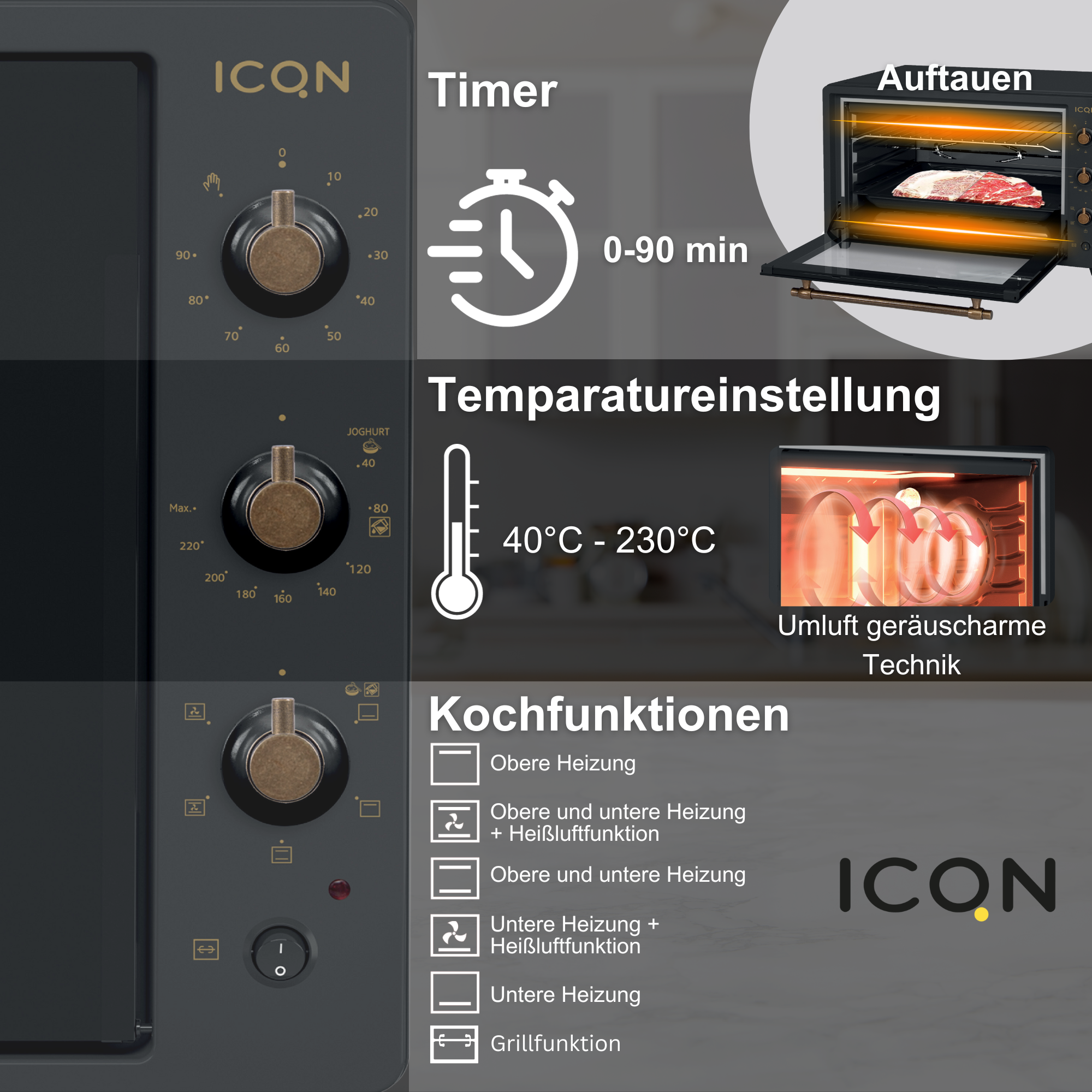 ICQN 60 L, & Nostalgisch Schwarz 2000 W, Rustik Doppelverglasung, Mini-Backofen, Umluft, Innenbeleuchtung Minibackofen