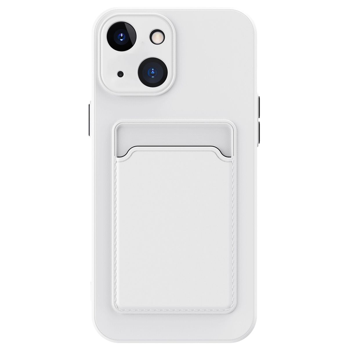 Weißes Telefon mit einer Hülle im Brieftaschenstil. Die Hülle befindet sich auf der Rückseite des Telefons.