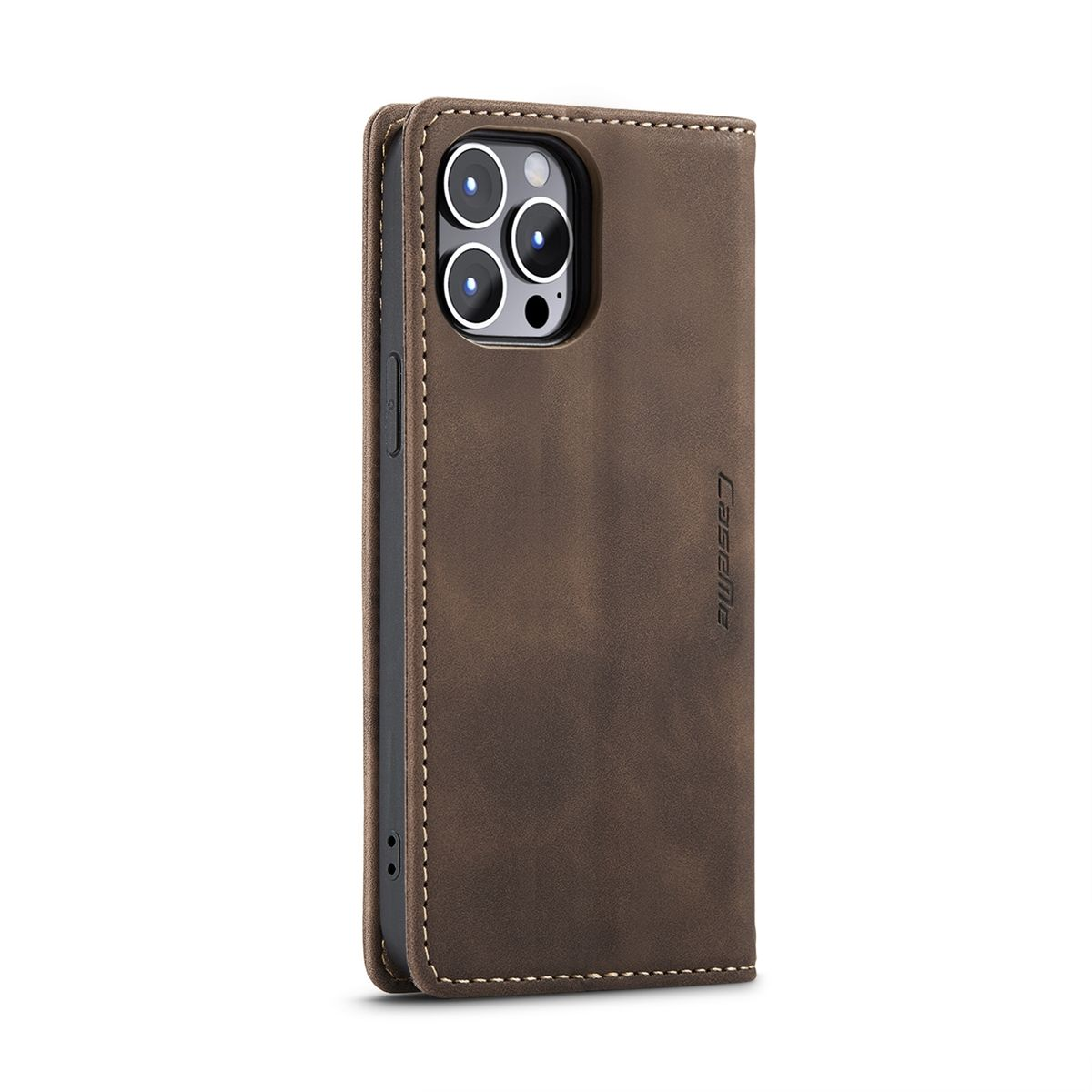 Eine braune Leder-Handyhülle mit Portemonnaie-Design. Es hat einen Magnetverschluss und eine genähte Kante.