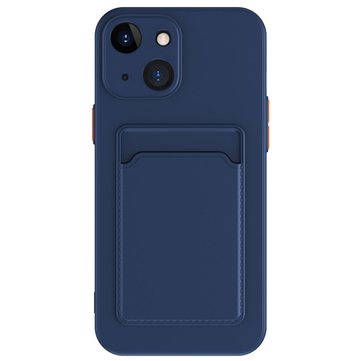 Blaue Handyhülle mit Kartenhalter. Das Telefon ist blau. Der Kartenhalter befindet sich auf der Rückseite.