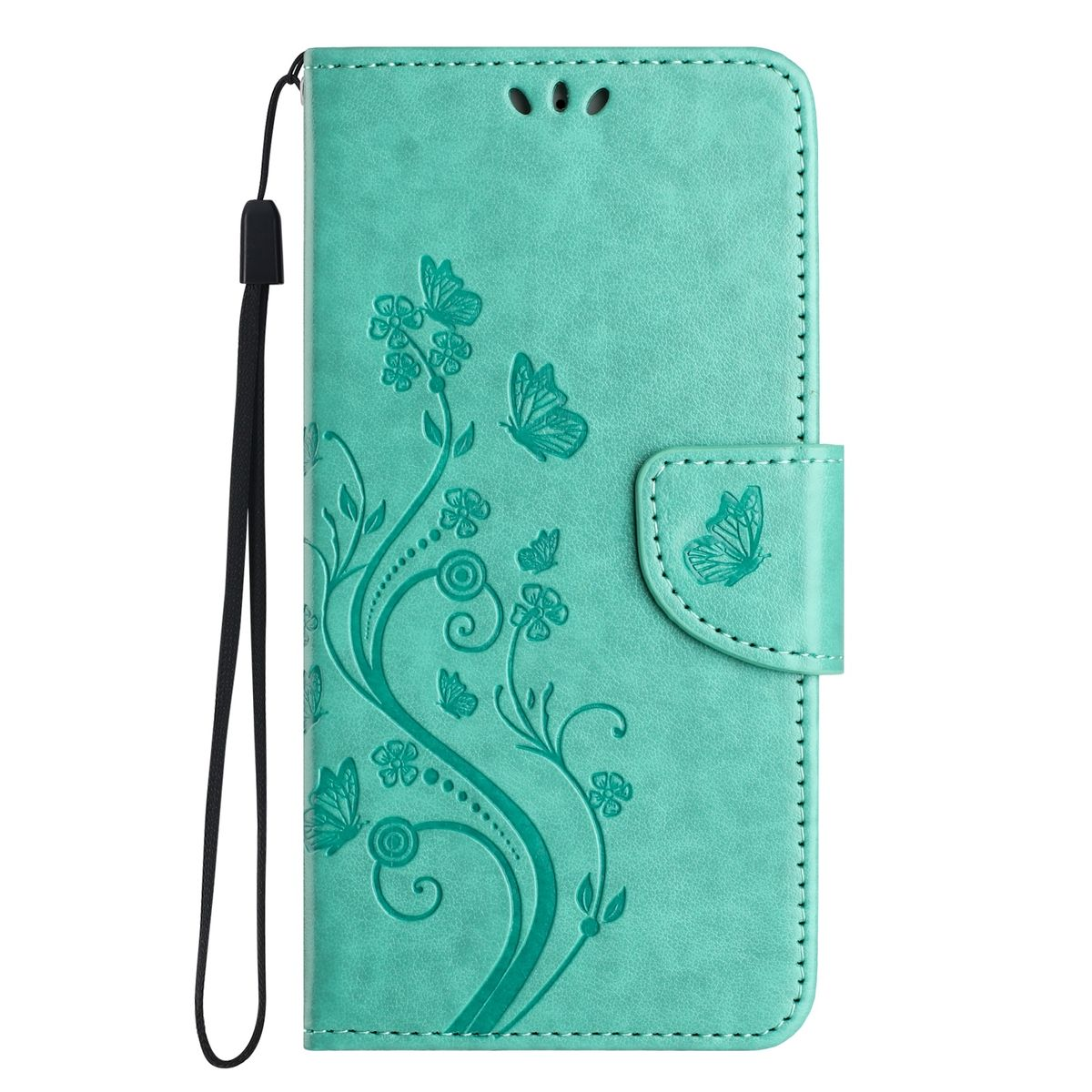 Eine türkisfarbene Handyhülle mit Schmetterlings- und Blumendesigns, Magnetverschluss und Handschlaufe.