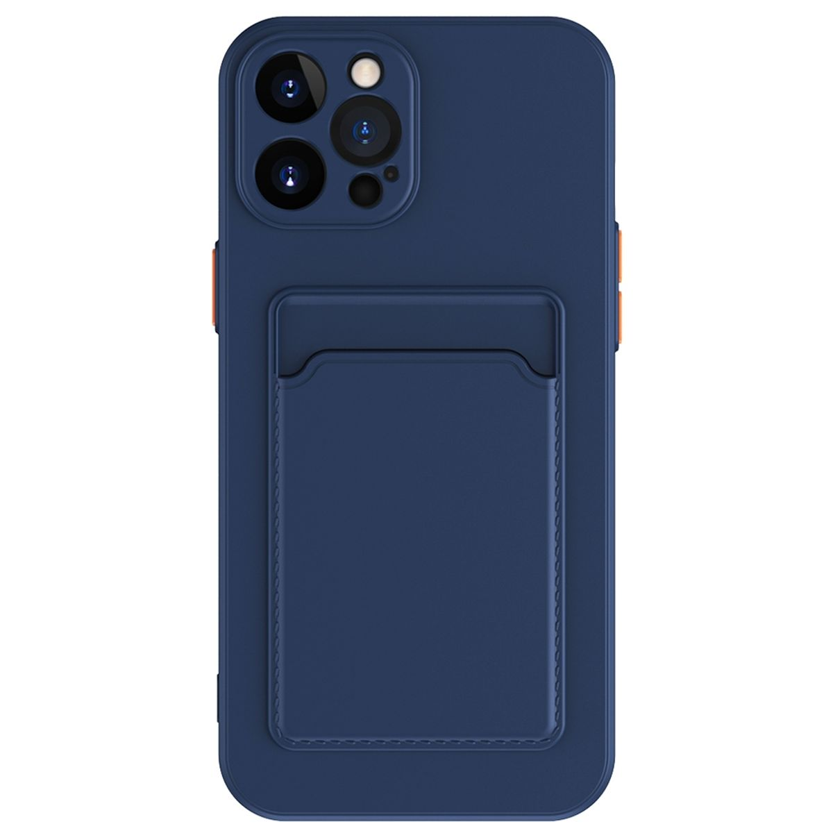 Eine blaue Handyhülle mit Kartenhalter auf der Rückseite.