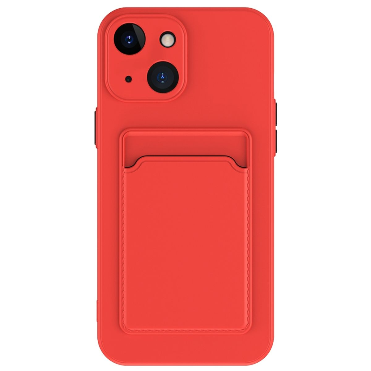 Rote Handyhülle mit Kartenhalter. Das Telefon hat zwei Kameras.