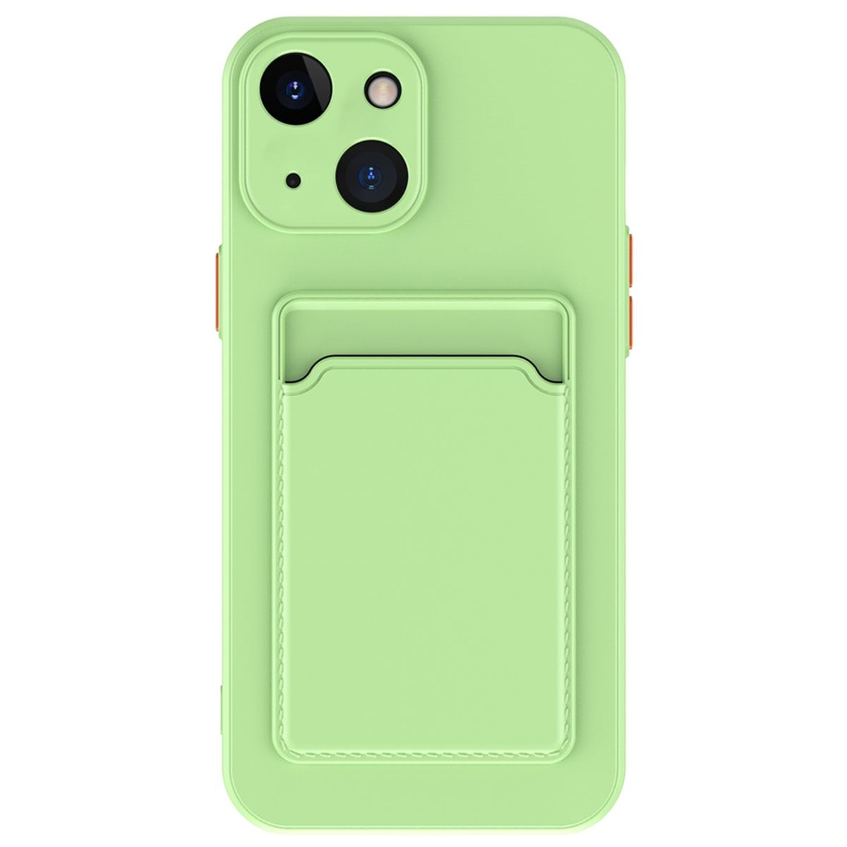 Grüne Handyhülle mit Kartenhalter. Weißer Hintergrund, Telefon auf dem Case, hellgrüne Farbe.
