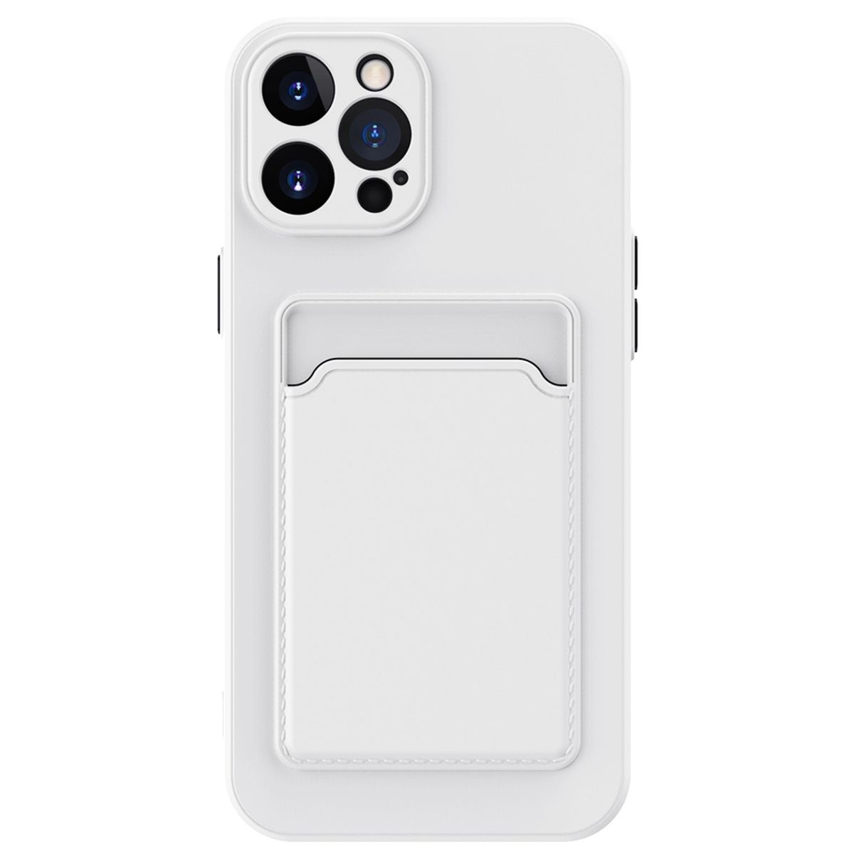 Weiße Handyhülle mit Kameraaussparungen und Kartenhalter. Mit weißem Apple-Logo.