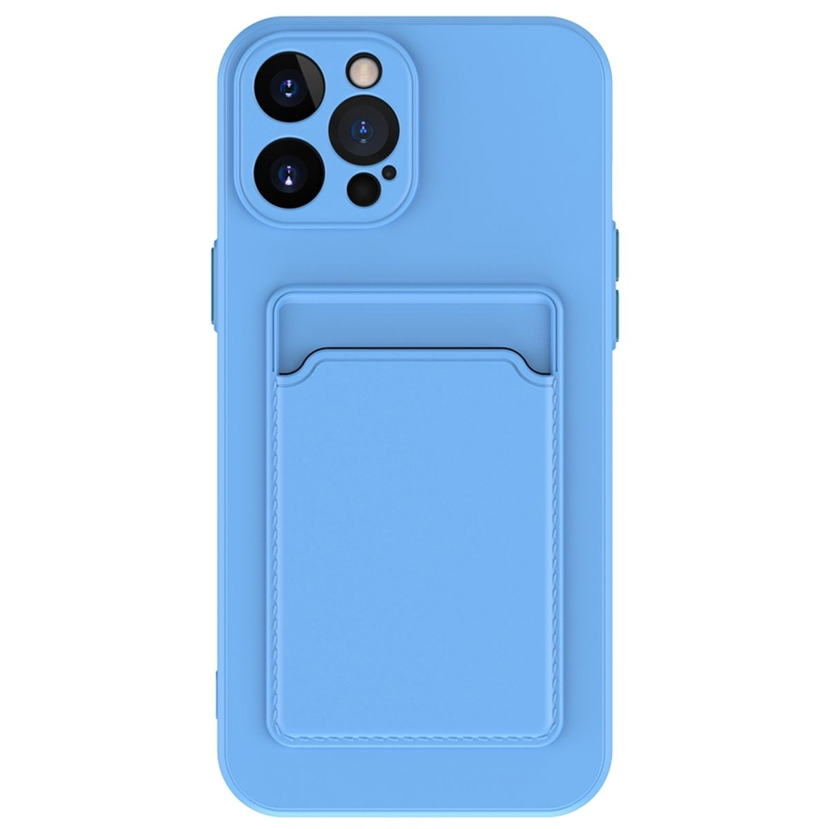 Blaue Handyhülle mit Kartenhalter auf der Rückseite.