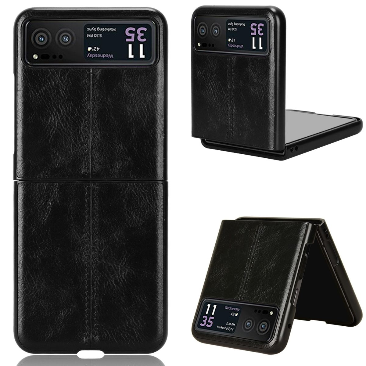 Schwarze Handyhülle mit Klappdesign. Die Hülle ist in verschiedenen Winkeln. Das Display zeigt Uhrzeit und Datum.