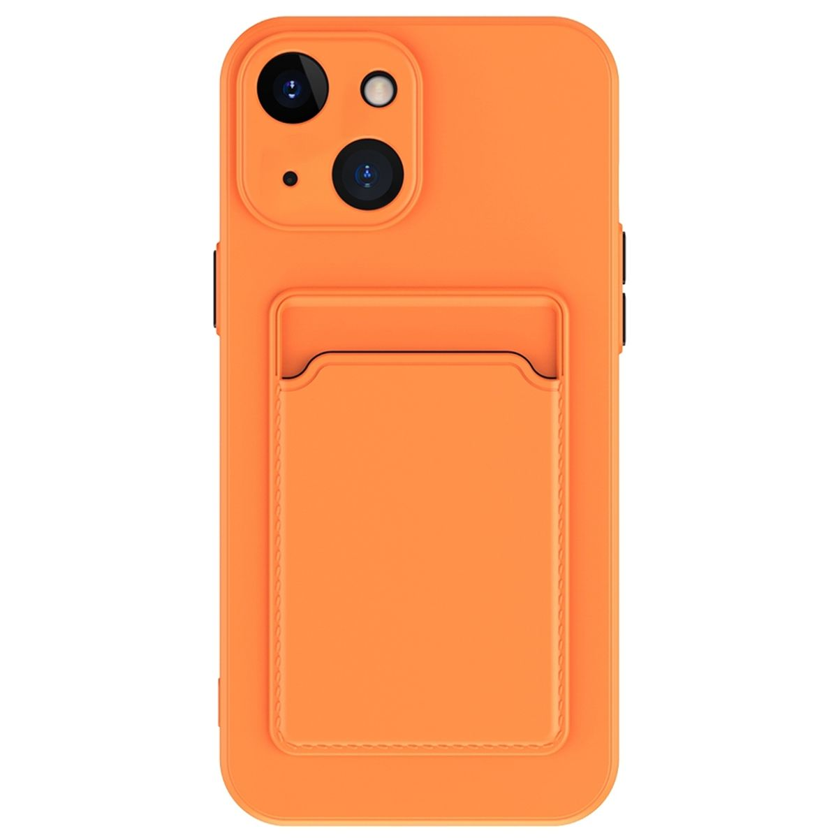 Orangefarbene Handyhülle mit Kartenhalter. Die Hülle hat zwei Kameras und einen Blitz.