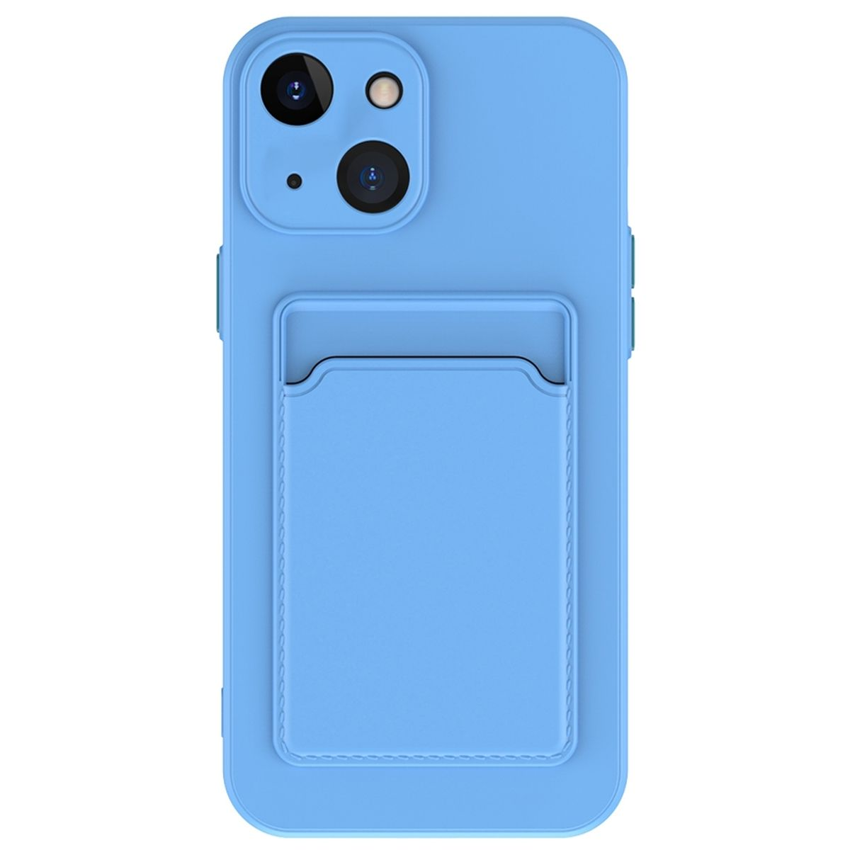 Hellblaue Handyhülle mit Kartenhalter, mit Dualkameras.