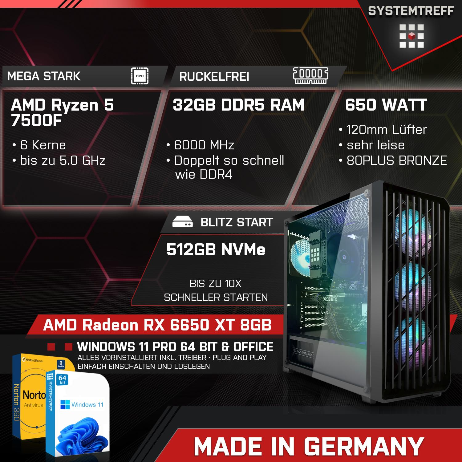 Werbeanzeige für einen Desktop-PC. Hauptkomponenten sind AMD Ryzen 5, Radeon RX 6650 XT, 32 GB RAM, 512 GB NVMe, Windows 11 und Norton.