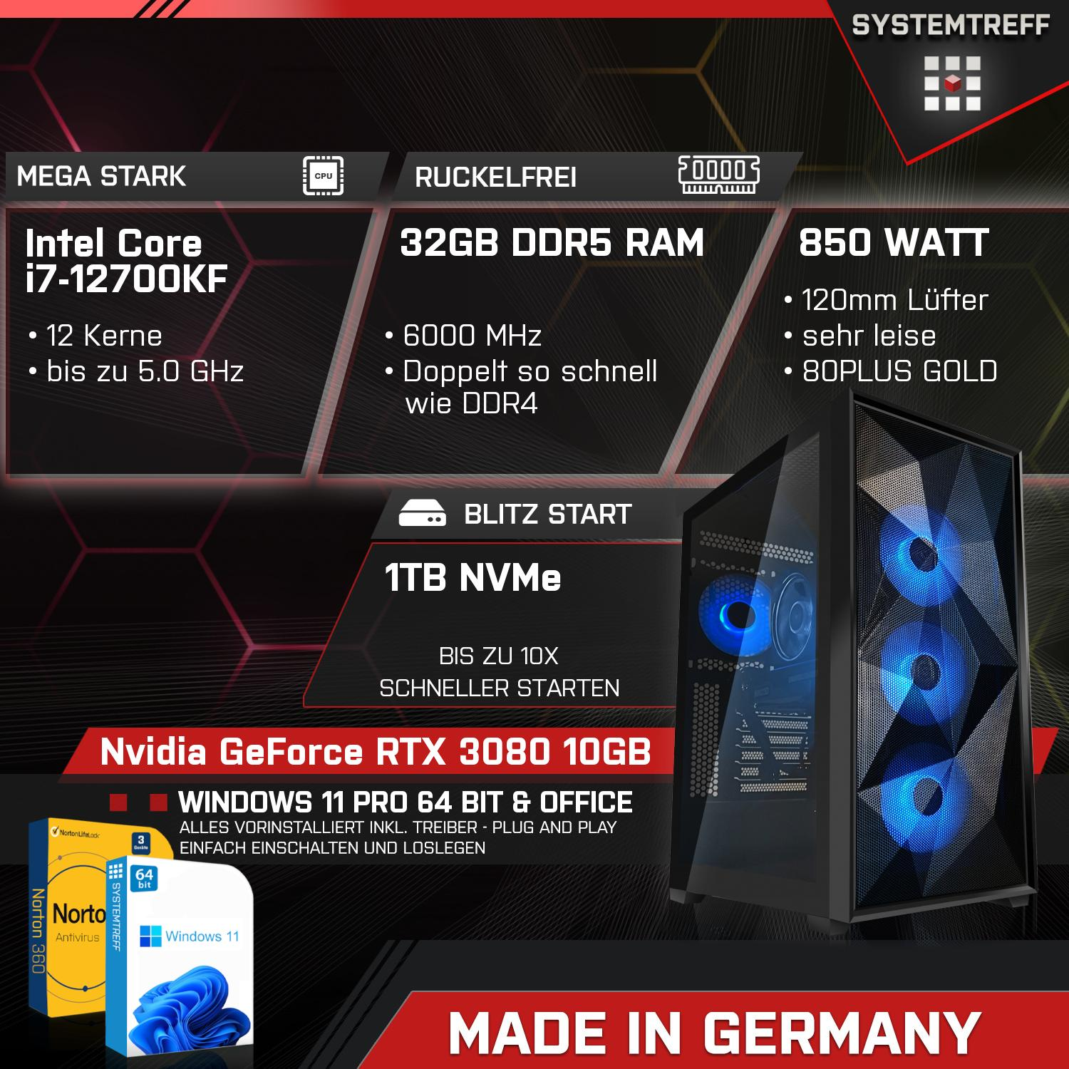 SYSTEMTREFF High-End Gaming Intel Prozessor, mit mSSD, 3080 GeForce 32 RAM, Windows i7 RTX™ Core GB Pro, Intel® Gaming GB 1000 PC 11 i7-12700KF, NVIDIA Core™