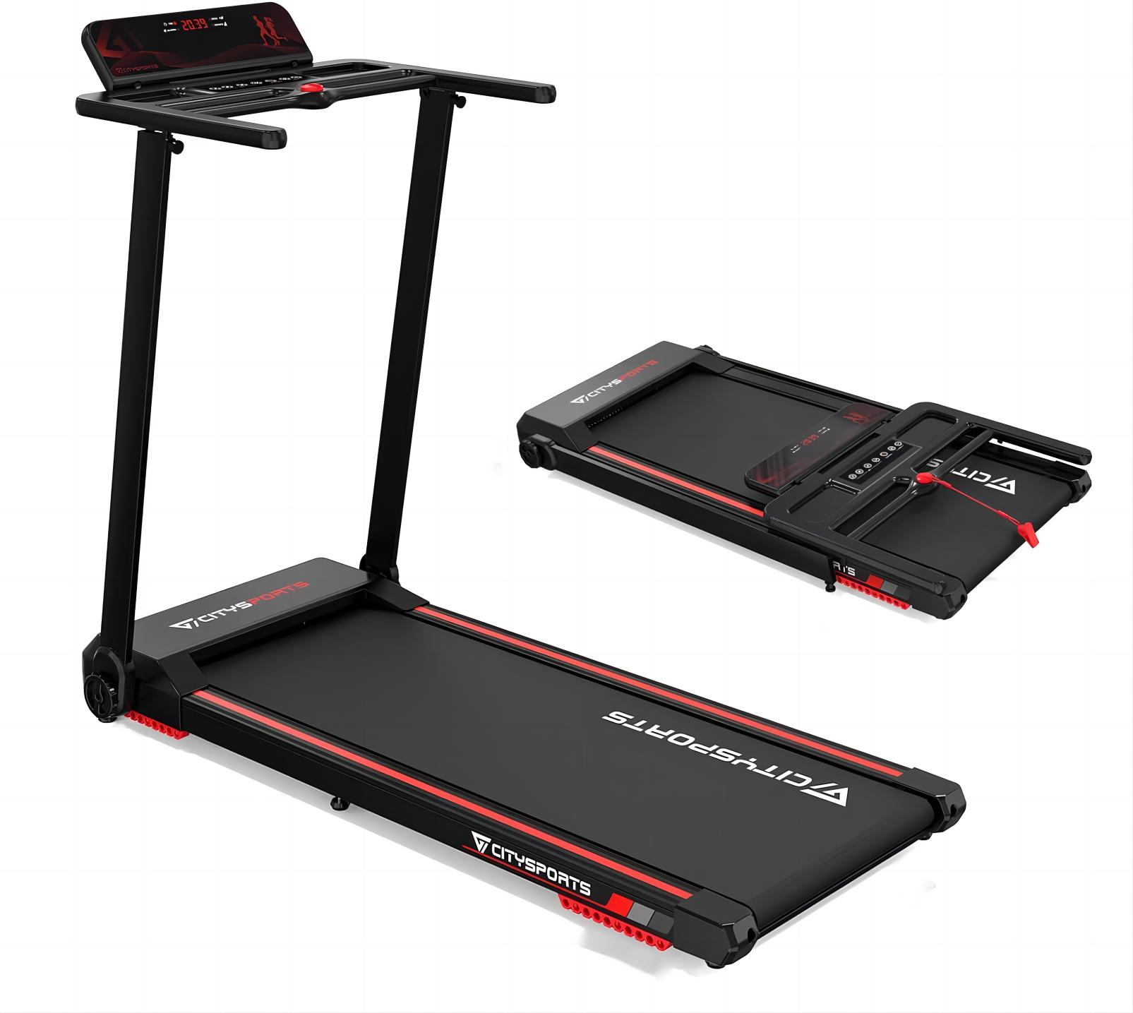 Czarna bieżnia z czerwonym paskiem. Jest pokazana w dwóch pozycjach: stojącej i złożonej.