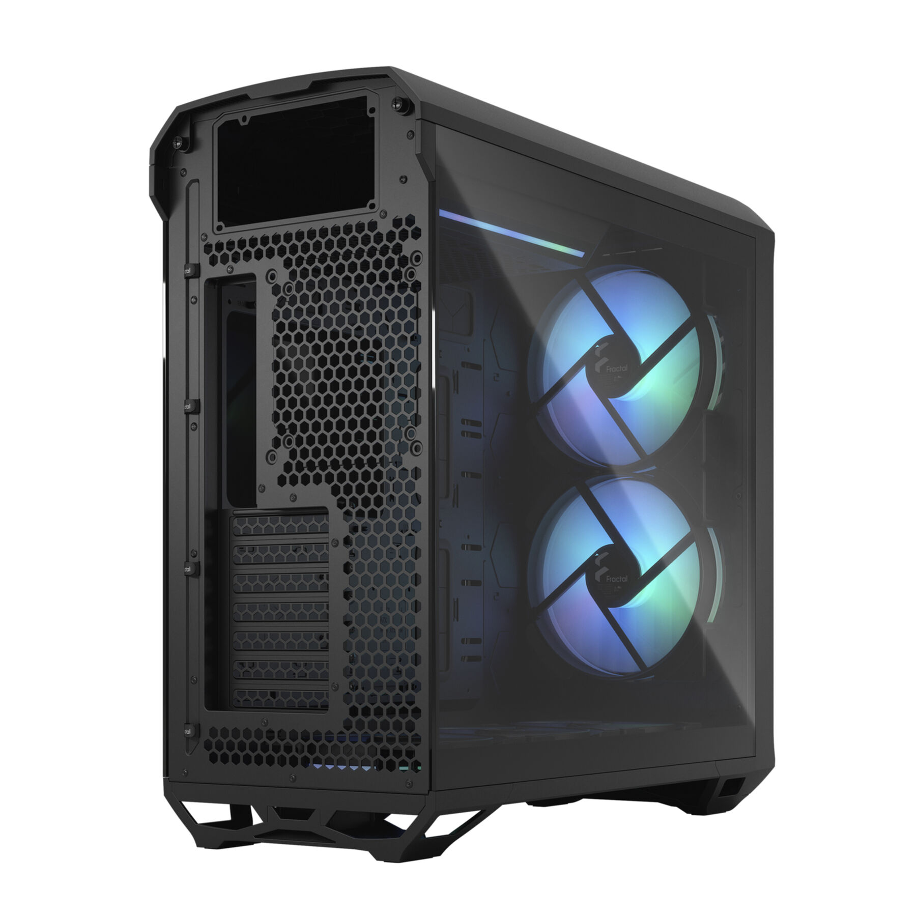 Black computer case. The side panel is transparent, revealing fans with colorful lights.